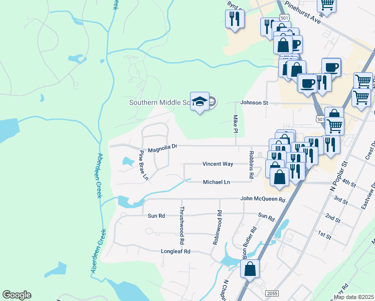 map of restaurants, bars, coffee shops, grocery stores, and more near 931 Magnolia Drive in Aberdeen