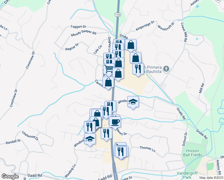 map of restaurants, bars, coffee shops, grocery stores, and more near 5691 Tennessee 153 in Chattanooga