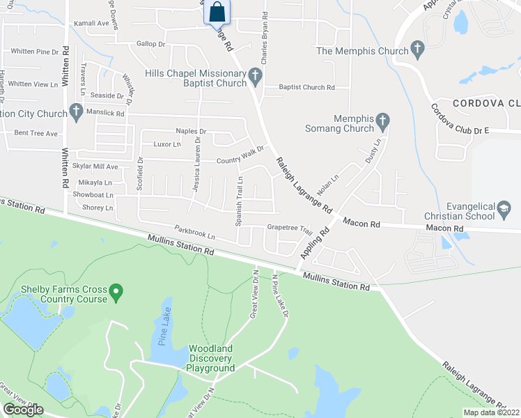 map of restaurants, bars, coffee shops, grocery stores, and more near 7110 Showboat Lane in Shelby County