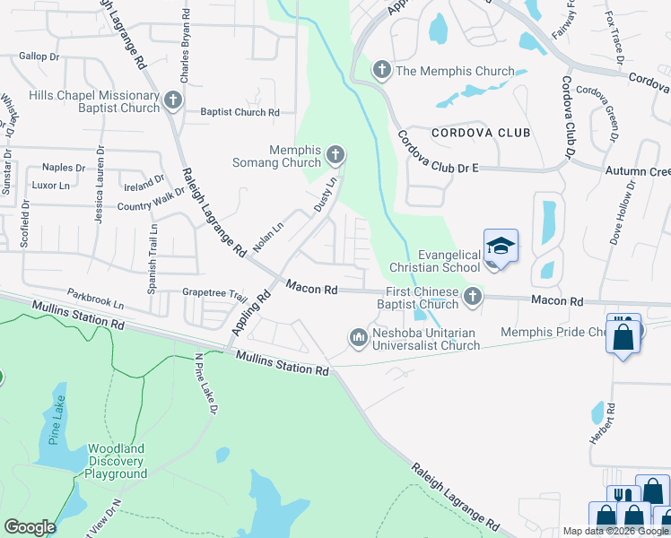 map of restaurants, bars, coffee shops, grocery stores, and more near 7380 Macon Road in Shelby County