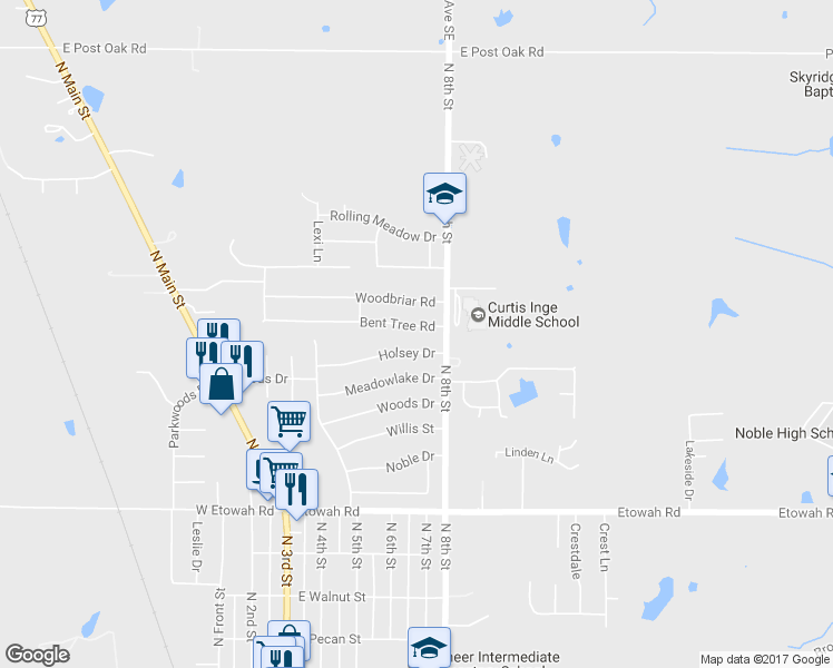 map of restaurants, bars, coffee shops, grocery stores, and more near 708 Bent Tree Road in Noble