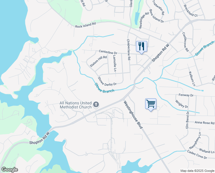 map of restaurants, bars, coffee shops, grocery stores, and more near 5205 Stowe Derby Drive in Charlotte