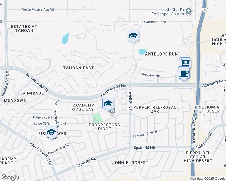map of restaurants, bars, coffee shops, grocery stores, and more near 11600 Academy Road Northeast in Albuquerque