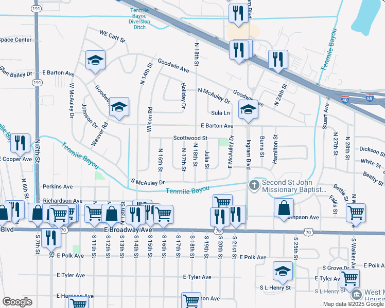 map of restaurants, bars, coffee shops, grocery stores, and more near 525 North 17th Street in West Memphis