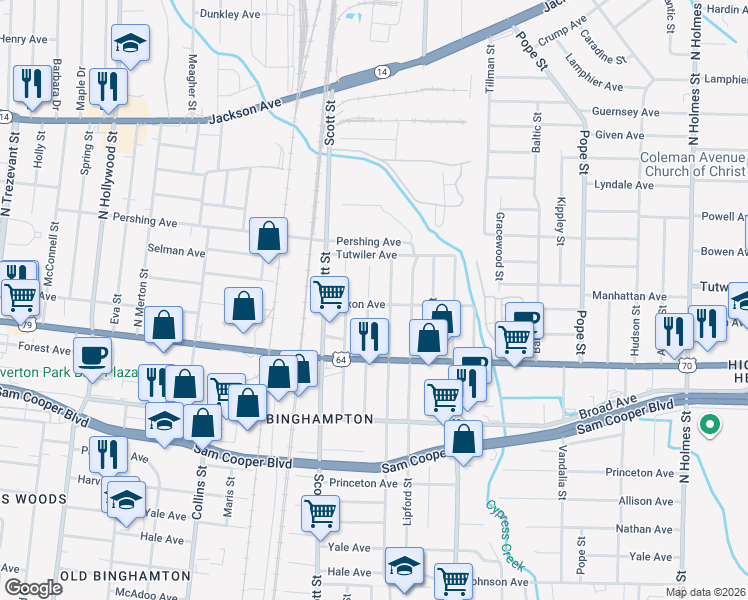 map of restaurants, bars, coffee shops, grocery stores, and more near 665 Lester Street in Memphis