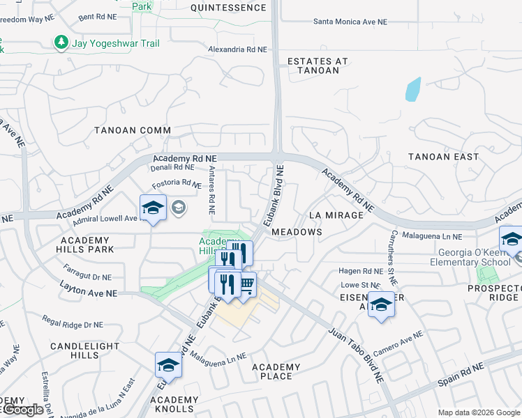 map of restaurants, bars, coffee shops, grocery stores, and more near 6304 El Camino Real Northeast in Albuquerque