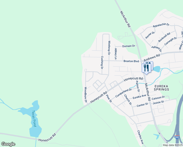 map of restaurants, bars, coffee shops, grocery stores, and more near 621 Woodburn Drive in Fayetteville