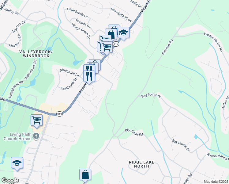 map of restaurants, bars, coffee shops, grocery stores, and more near 6801 Big Ridge Road in Chattanooga
