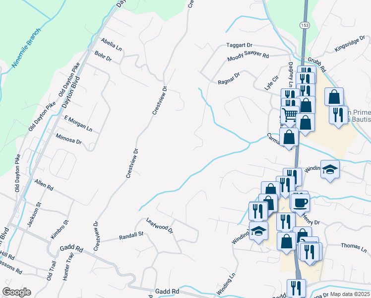 map of restaurants, bars, coffee shops, grocery stores, and more near 5419 Moody Sawyer Road in Chattanooga