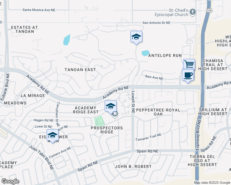 map of restaurants, bars, coffee shops, grocery stores, and more near 11449 Malaguena Lane Northeast in Albuquerque