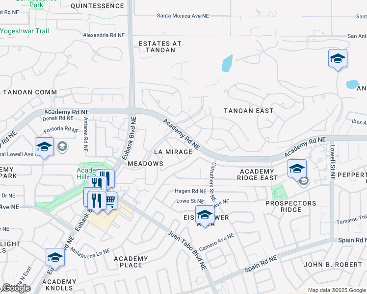 map of restaurants, bars, coffee shops, grocery stores, and more near 10809 Malaguena Lane Northeast in Albuquerque