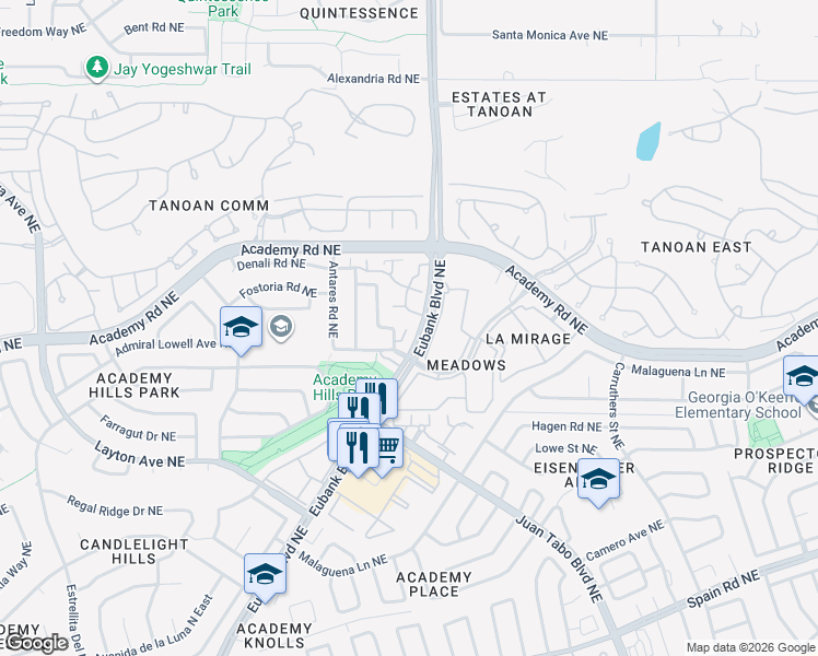 map of restaurants, bars, coffee shops, grocery stores, and more near 6304 El Camino Real Northeast in Albuquerque