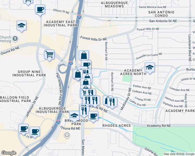 map of restaurants, bars, coffee shops, grocery stores, and more near 5800 Harper Place Northeast in Albuquerque