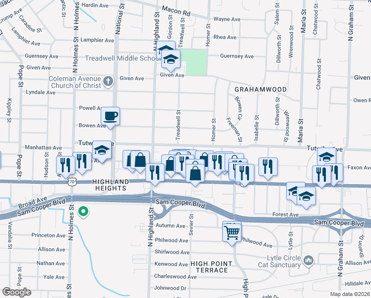 map of restaurants, bars, coffee shops, grocery stores, and more near 3584 Faxon Avenue in Memphis