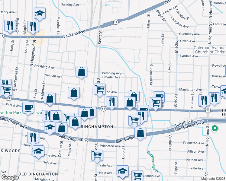 map of restaurants, bars, coffee shops, grocery stores, and more near 665 Lester Street in Memphis
