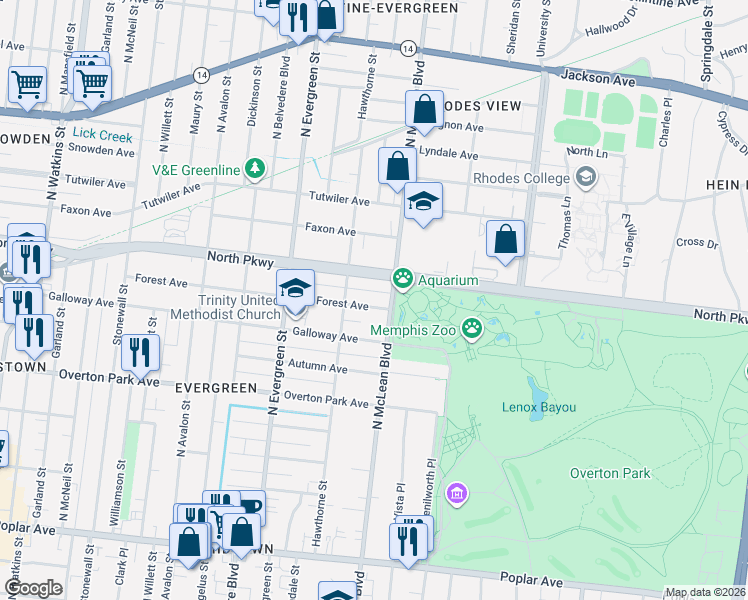 map of restaurants, bars, coffee shops, grocery stores, and more near 1831 Forest Avenue in Memphis