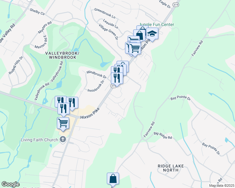 map of restaurants, bars, coffee shops, grocery stores, and more near 6210 Hixson Pike in Chattanooga