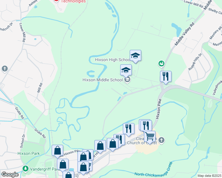 map of restaurants, bars, coffee shops, grocery stores, and more near 5798 Hixson Home Place in Chattanooga
