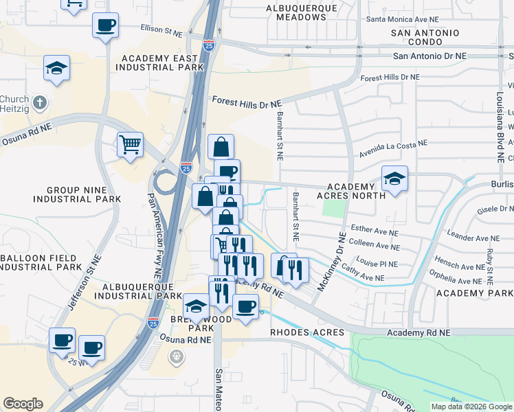 map of restaurants, bars, coffee shops, grocery stores, and more near 5800 Harper Place Northeast in Albuquerque