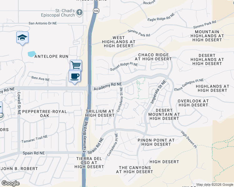 map of restaurants, bars, coffee shops, grocery stores, and more near Abiquiu Pl NE in Albuquerque