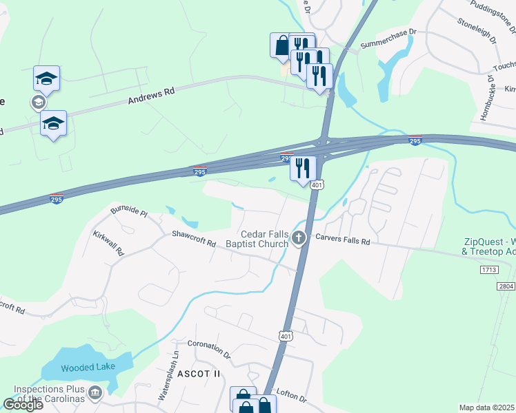 map of restaurants, bars, coffee shops, grocery stores, and more near 6120 Garden Court in Fayetteville