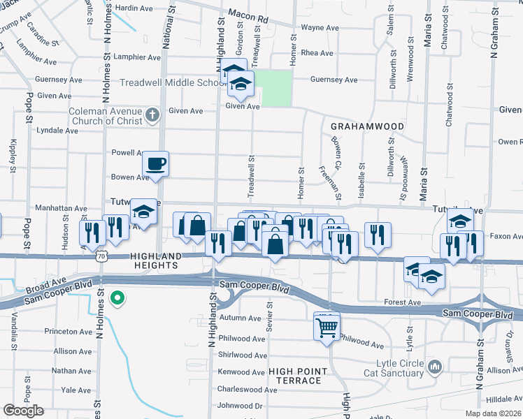 map of restaurants, bars, coffee shops, grocery stores, and more near 3584 Faxon Avenue in Memphis