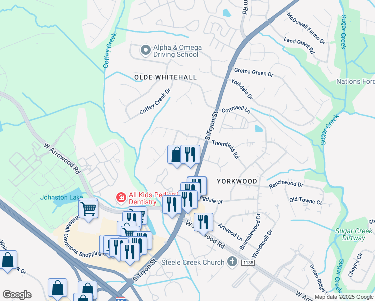 map of restaurants, bars, coffee shops, grocery stores, and more near 7406 Fallow Lane in Charlotte