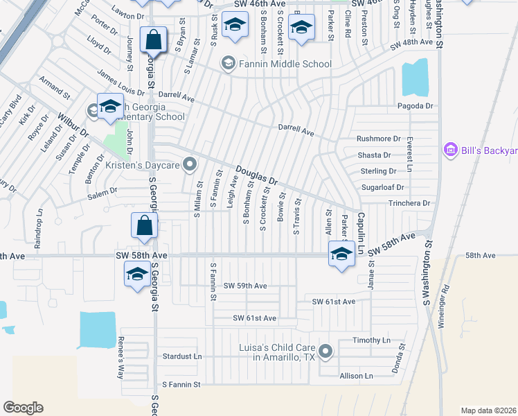 map of restaurants, bars, coffee shops, grocery stores, and more near 5107 South Crockett Street in Amarillo