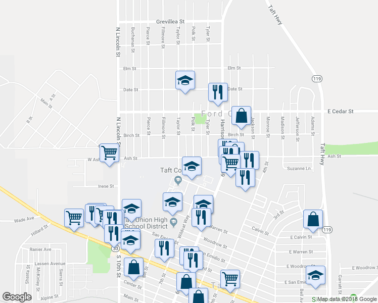 map of restaurants, bars, coffee shops, grocery stores, and more near 105 Polk Street in Taft