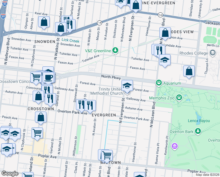 map of restaurants, bars, coffee shops, grocery stores, and more near 1640 Forest Avenue in Memphis
