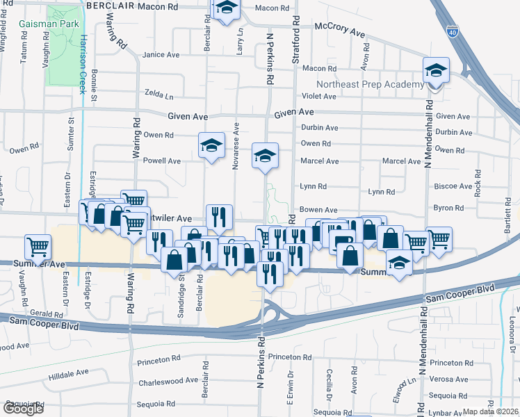 map of restaurants, bars, coffee shops, grocery stores, and more near 4568 North Perkins Road in Memphis