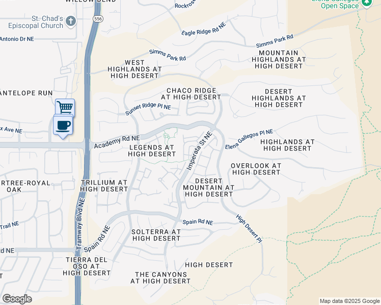 map of restaurants, bars, coffee shops, grocery stores, and more near 6224 Silverlace Trail Northeast in Albuquerque