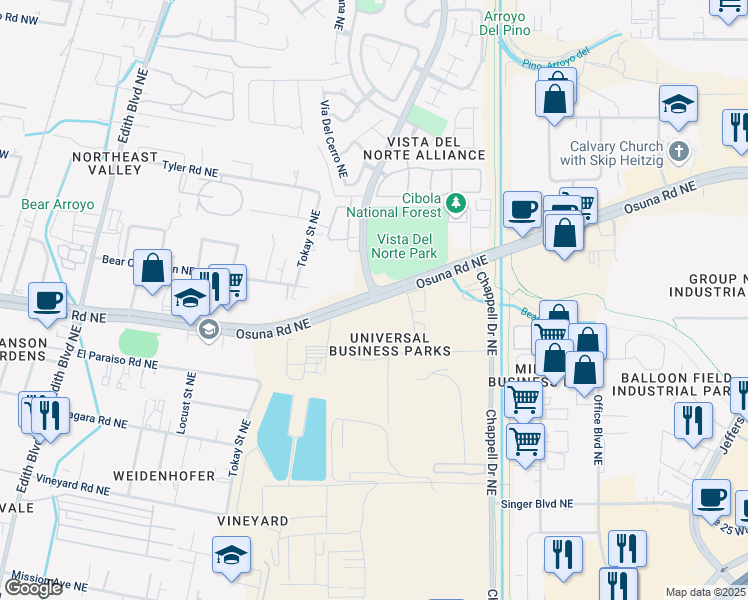map of restaurants, bars, coffee shops, grocery stores, and more near Osuna Rd NE & Vista Del Norte Dr NE in Albuquerque