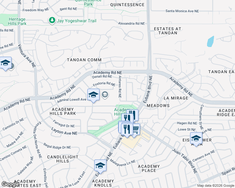 map of restaurants, bars, coffee shops, grocery stores, and more near 6409 Antares Road Northeast in Albuquerque