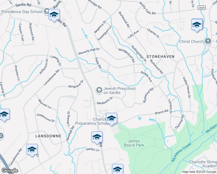 map of restaurants, bars, coffee shops, grocery stores, and more near 6511 Ciscayne Place in Charlotte