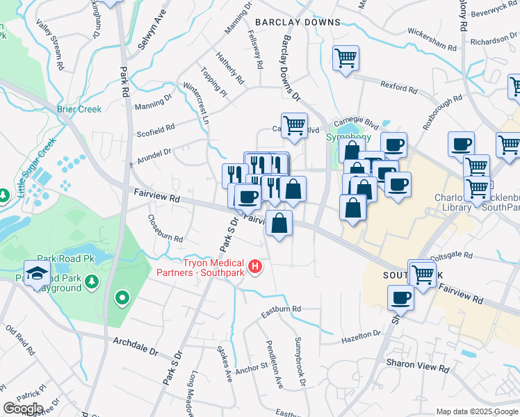 map of restaurants, bars, coffee shops, grocery stores, and more near 5821 Fairview Road in Charlotte