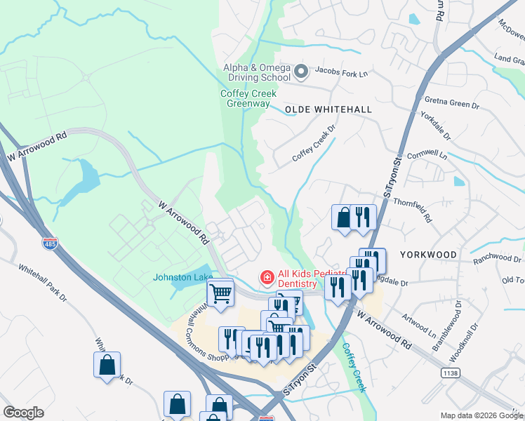 map of restaurants, bars, coffee shops, grocery stores, and more near 2639 Silverthorn Drive in Charlotte