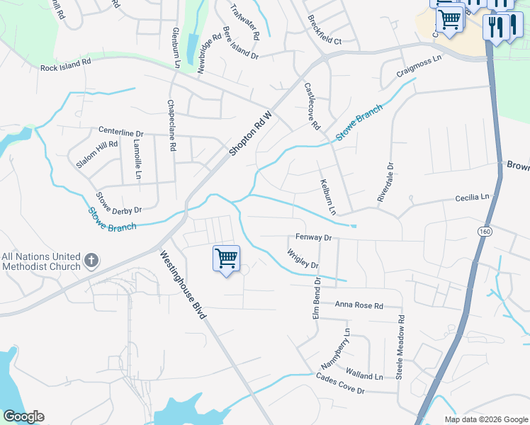 map of restaurants, bars, coffee shops, grocery stores, and more near 10309 Ebbets Road in Charlotte