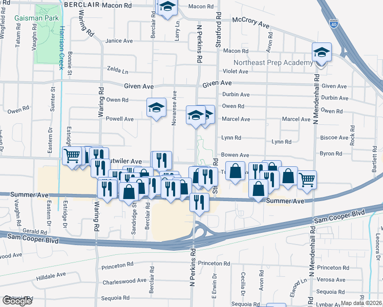 map of restaurants, bars, coffee shops, grocery stores, and more near 4568 North Perkins Road in Memphis