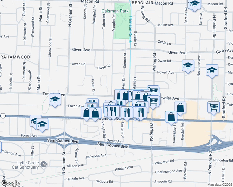 map of restaurants, bars, coffee shops, grocery stores, and more near 765 Eastern Drive in Memphis