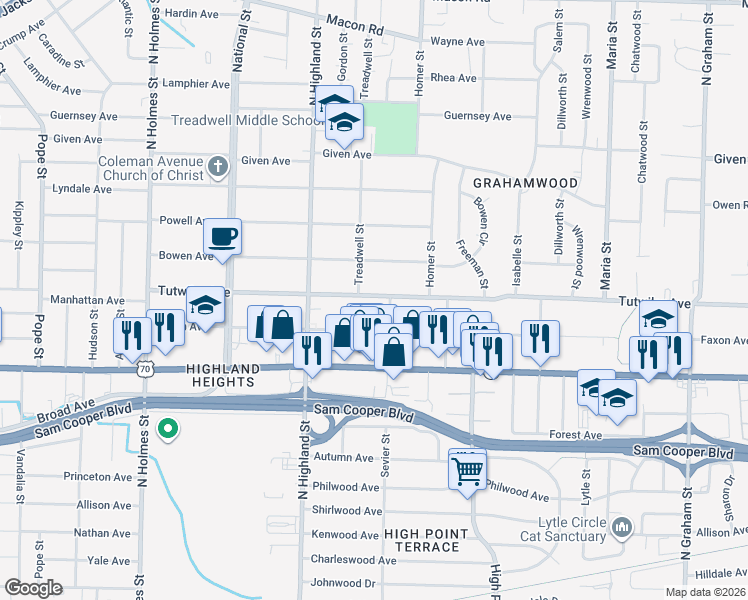 map of restaurants, bars, coffee shops, grocery stores, and more near 3574 Tutwiler Avenue in Memphis
