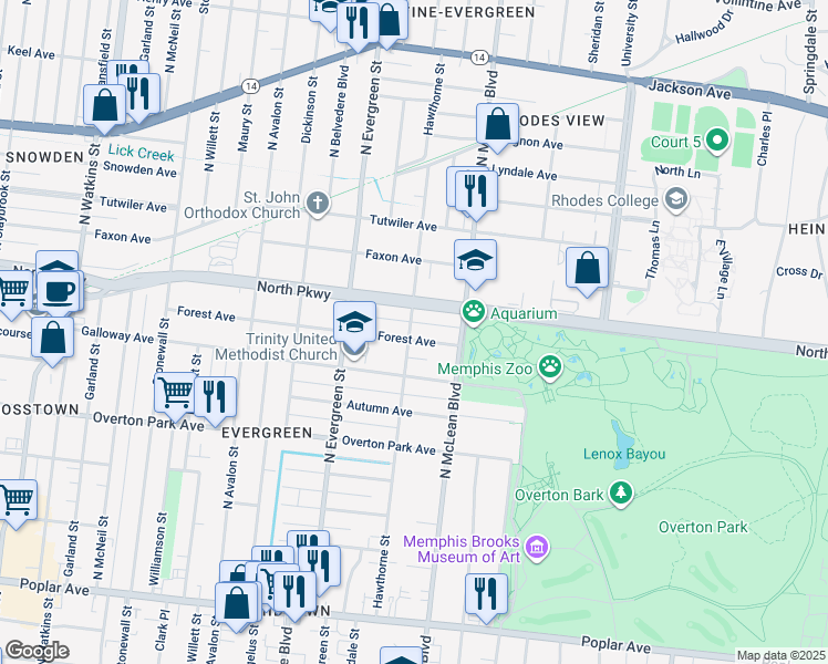 map of restaurants, bars, coffee shops, grocery stores, and more near 1773 North Parkway in Memphis