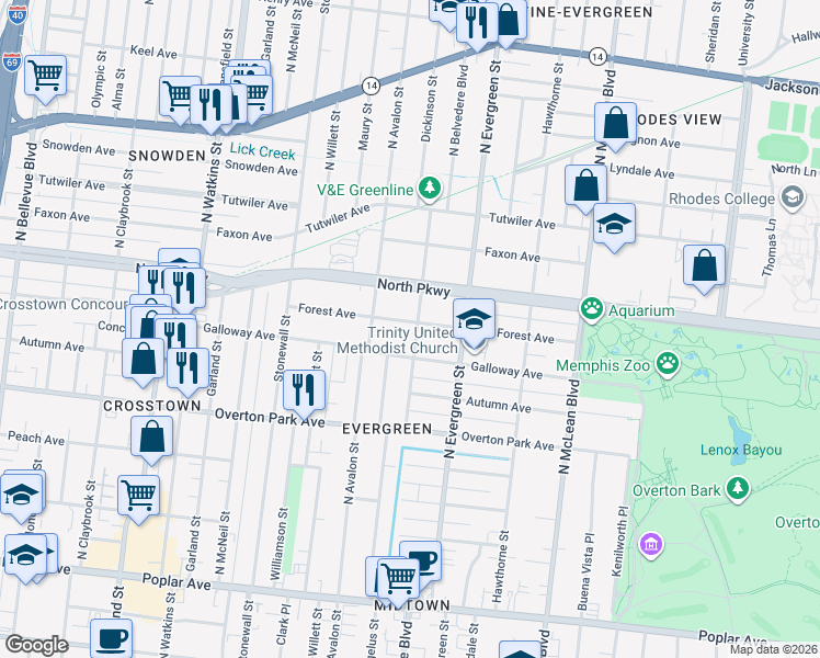 map of restaurants, bars, coffee shops, grocery stores, and more near 1640 Forest Avenue in Memphis