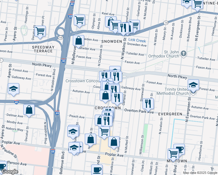 map of restaurants, bars, coffee shops, grocery stores, and more near 1365 Tower Avenue in Memphis