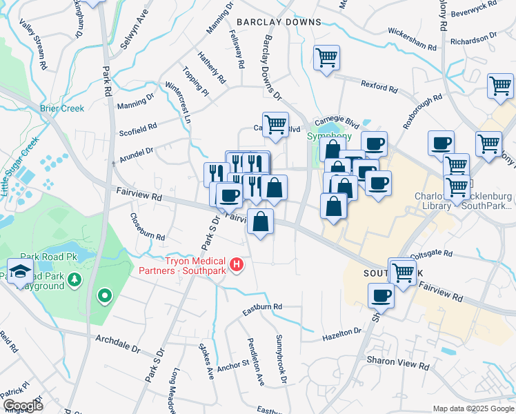 map of restaurants, bars, coffee shops, grocery stores, and more near 4725 Piedmont Row Drive in Charlotte