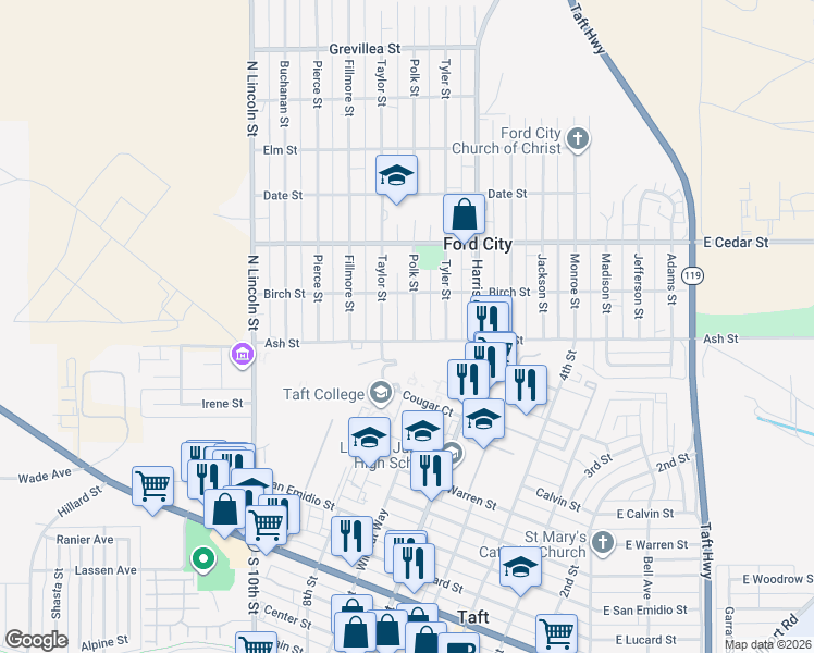 map of restaurants, bars, coffee shops, grocery stores, and more near 105 Polk Street in Taft