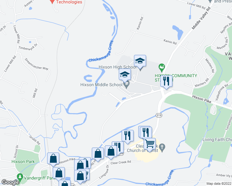 map of restaurants, bars, coffee shops, grocery stores, and more near 5501 Old Hixson Pike in Chattanooga