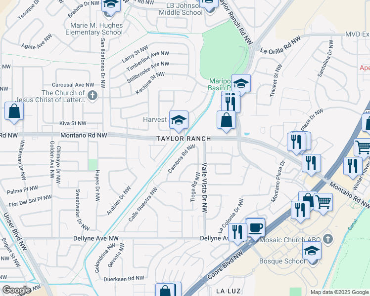 map of restaurants, bars, coffee shops, grocery stores, and more near 5901 Cambria Road Northwest in Albuquerque