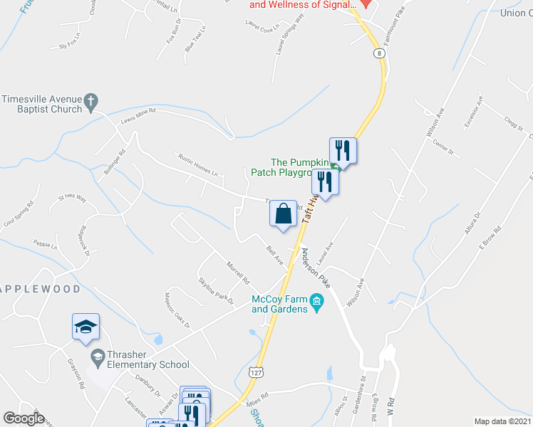 map of restaurants, bars, coffee shops, grocery stores, and more near 908 Timesville Road in Signal Mountain
