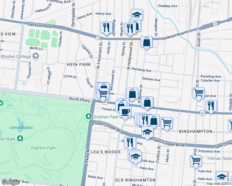 map of restaurants, bars, coffee shops, grocery stores, and more near 622 Spring Street in Memphis